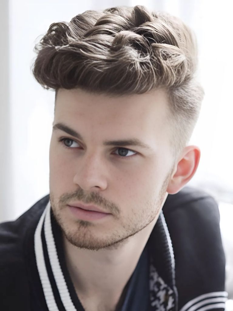 Pompadour with Mid Taper Fade Curly Hair