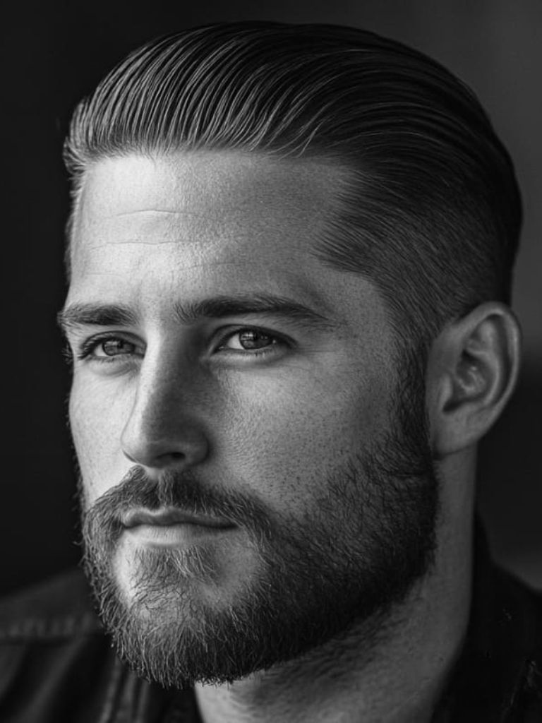 Short Slick Back with Mid Fade and Beard